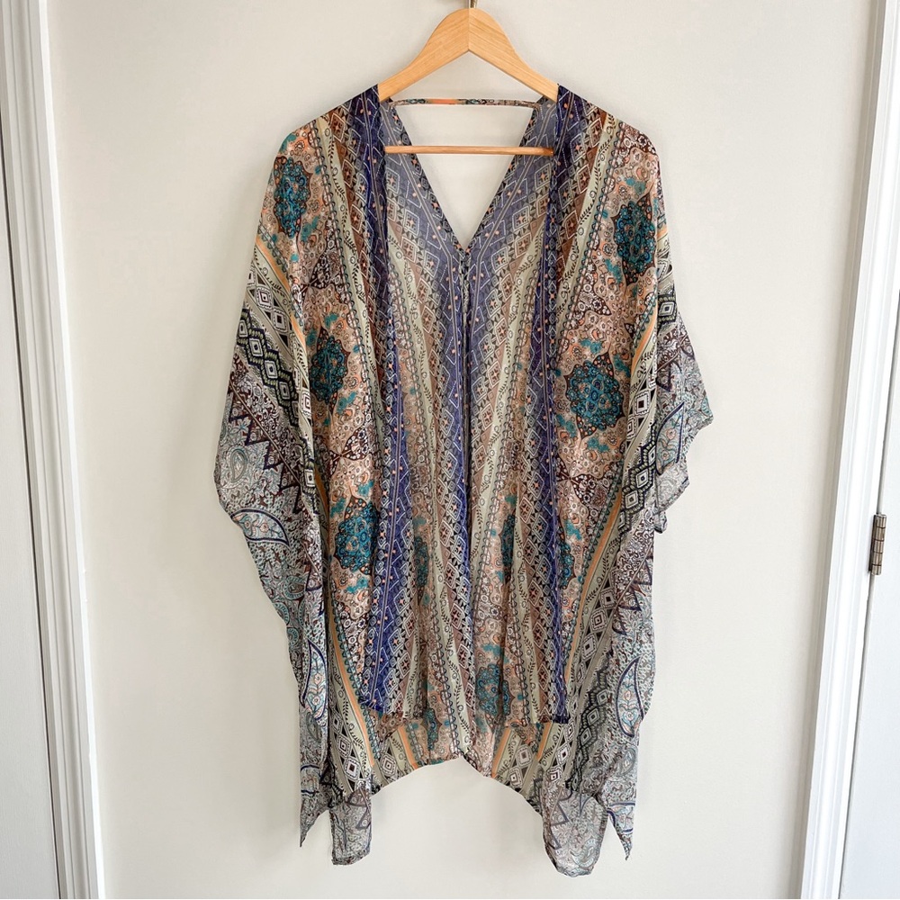 Daniel Rainn Sheer Boho Geometric Paisley Printed Open Beach Caftan Multicolor